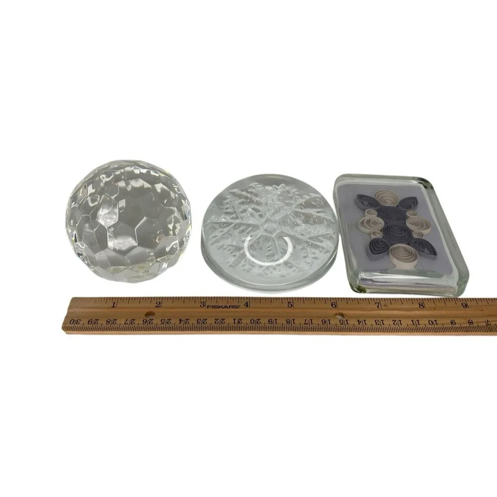 Vtg Mixed Crystal Glass Art Paperweight Lot of 3‎ Paper Quilled, Faceted, Domed